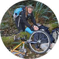 Remote (Wilderness) First Aid. A hiker is tending to an injured cyclist.